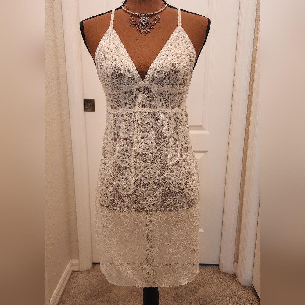 Vicrorias Secret White Lace Slip Dress with Gold Spaghetti Straps Large